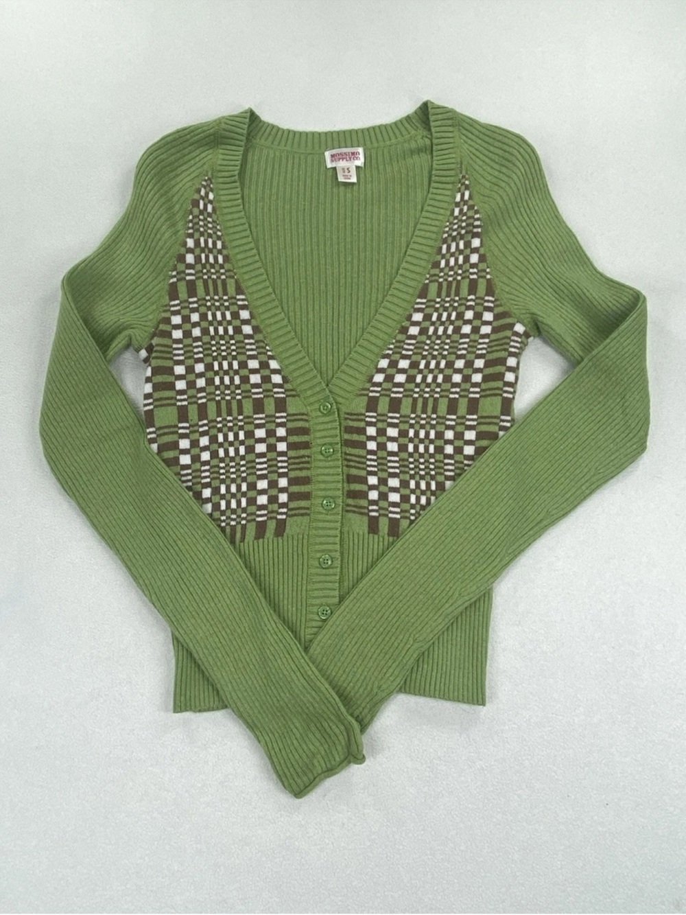 Green Ribbed V‑Neck Cardigan with Patterned Panels